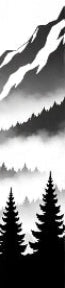 Black and white illustration of mountains and trees with mist