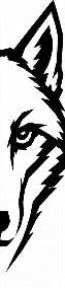 Black and white illustration of a wolf's face on a white background