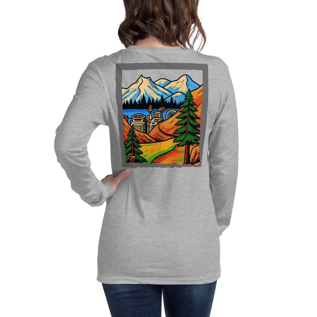 FOUNDATION Open Season Long Sleeve, Athletic Heather, back view with mountain pass and skyline