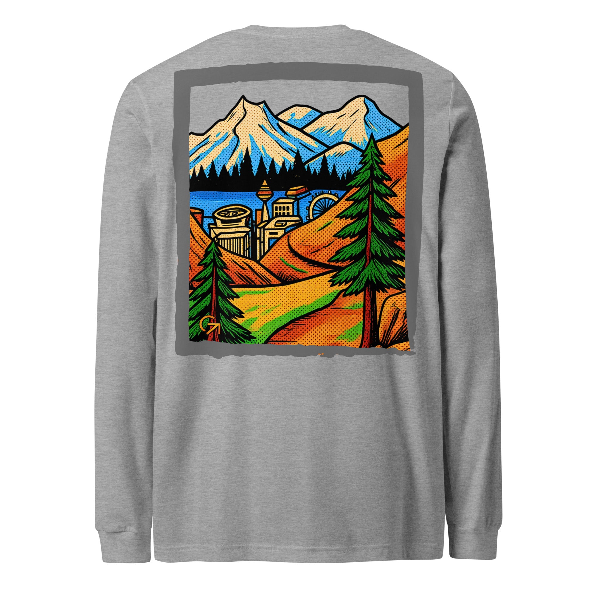 FOUNDATION Open Season Long Sleeve, Athletic Heather, back view with mountain pass and skyline