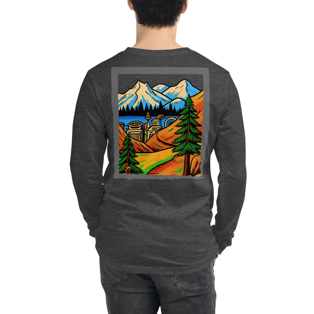 FOUNDATION Open Season Long Sleeve, Dark Grey Heather, back view with mountain pass and skyline