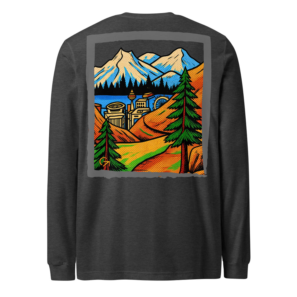 FOUNDATION Open Season Long Sleeve, Dark Grey Heather, back view with mountain pass and skyline