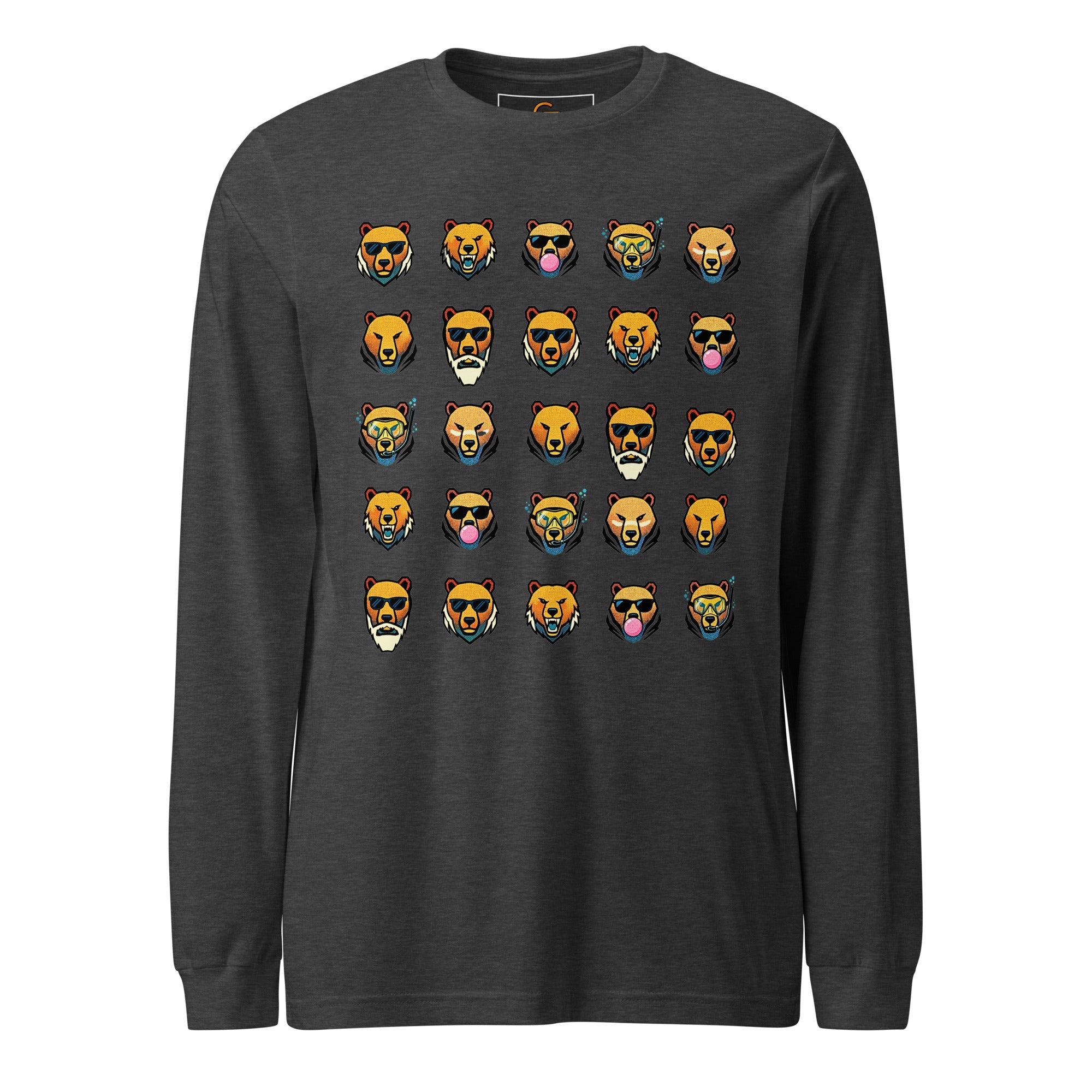 FOUNDATION Open Season Long Sleeve, Dark Grey Heather, front view with 5x5 Bear grid