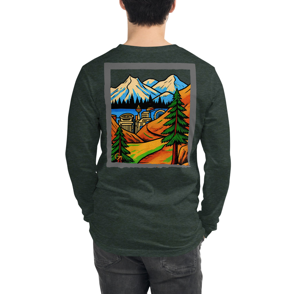 FOUNDATION Open Season Long Sleeve, Heather Forest, back view with mountain pass and skyline
