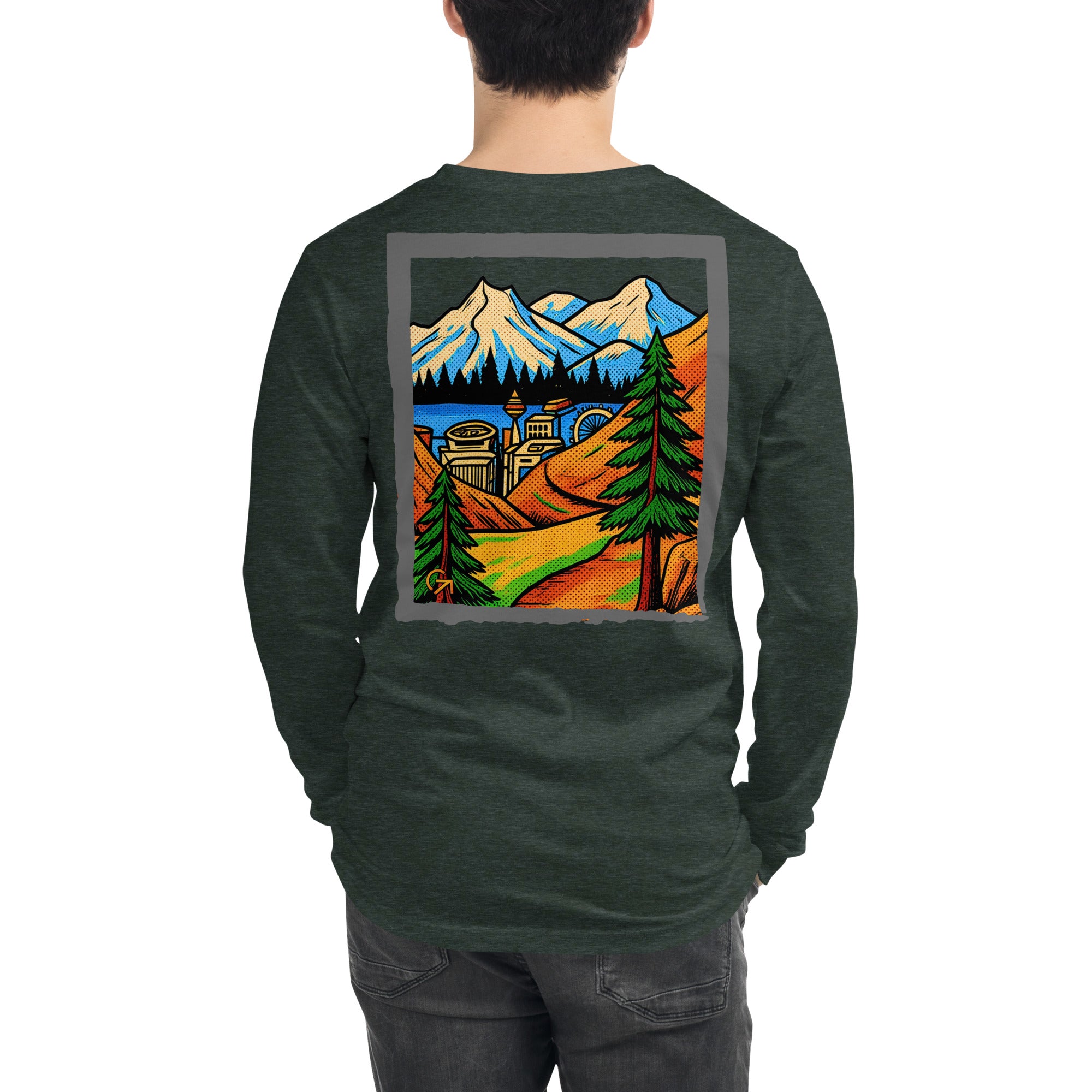 FOUNDATION Open Season Long Sleeve, Heather Forest, back view with mountain pass and skyline
