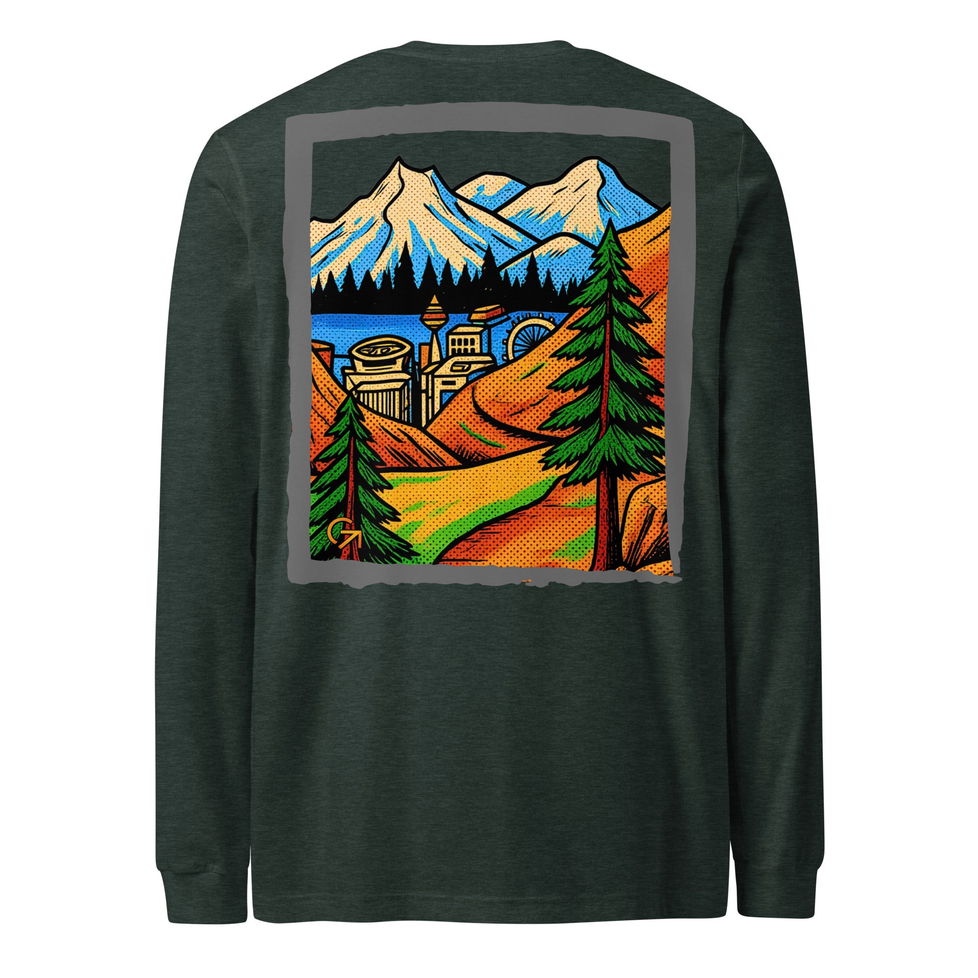 FOUNDATION Open Season Long Sleeve, Heather Forest, back view with mountain pass and skyline