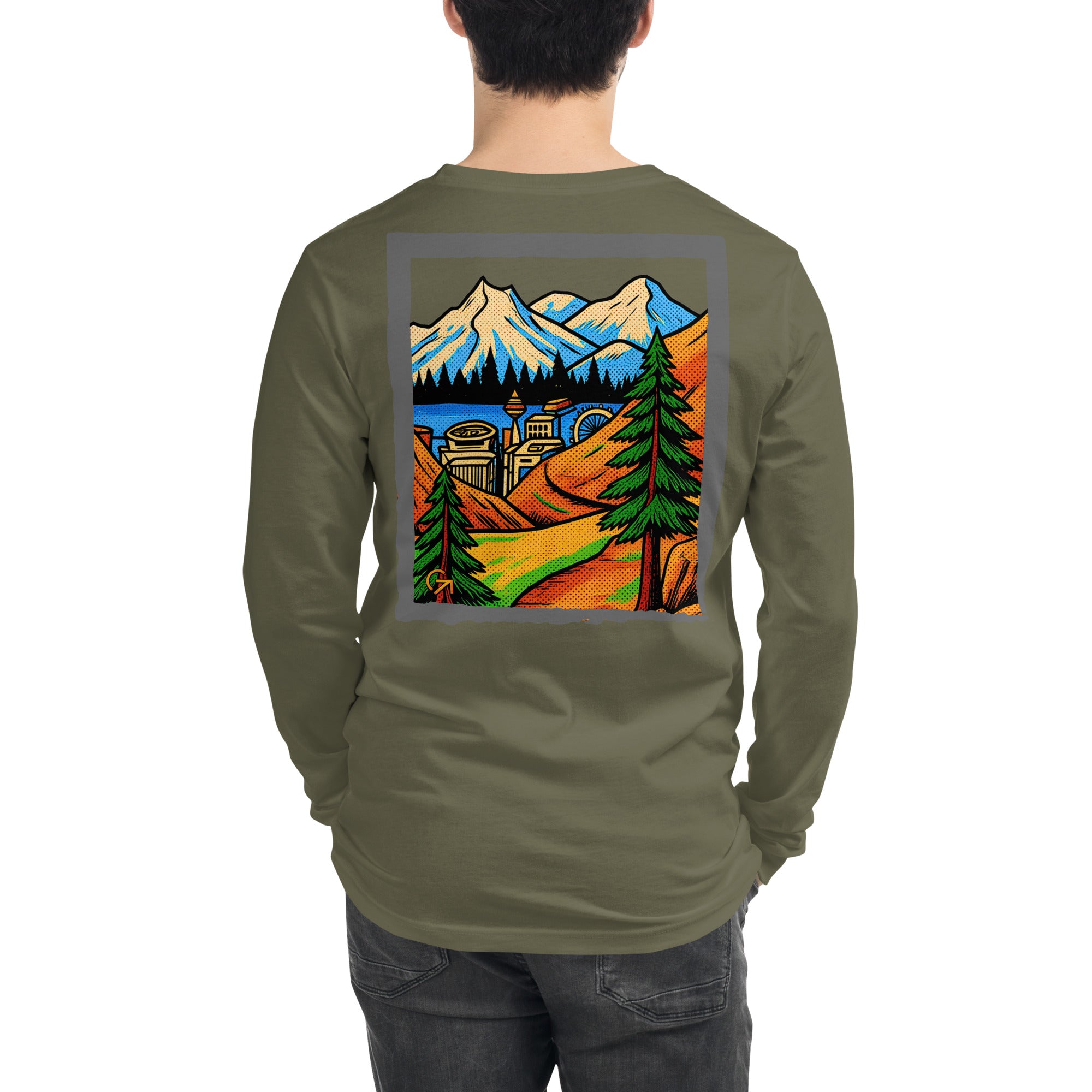 FOUNDATION Open Season Long Sleeve, Military Green, back view with mountain pass and skyline