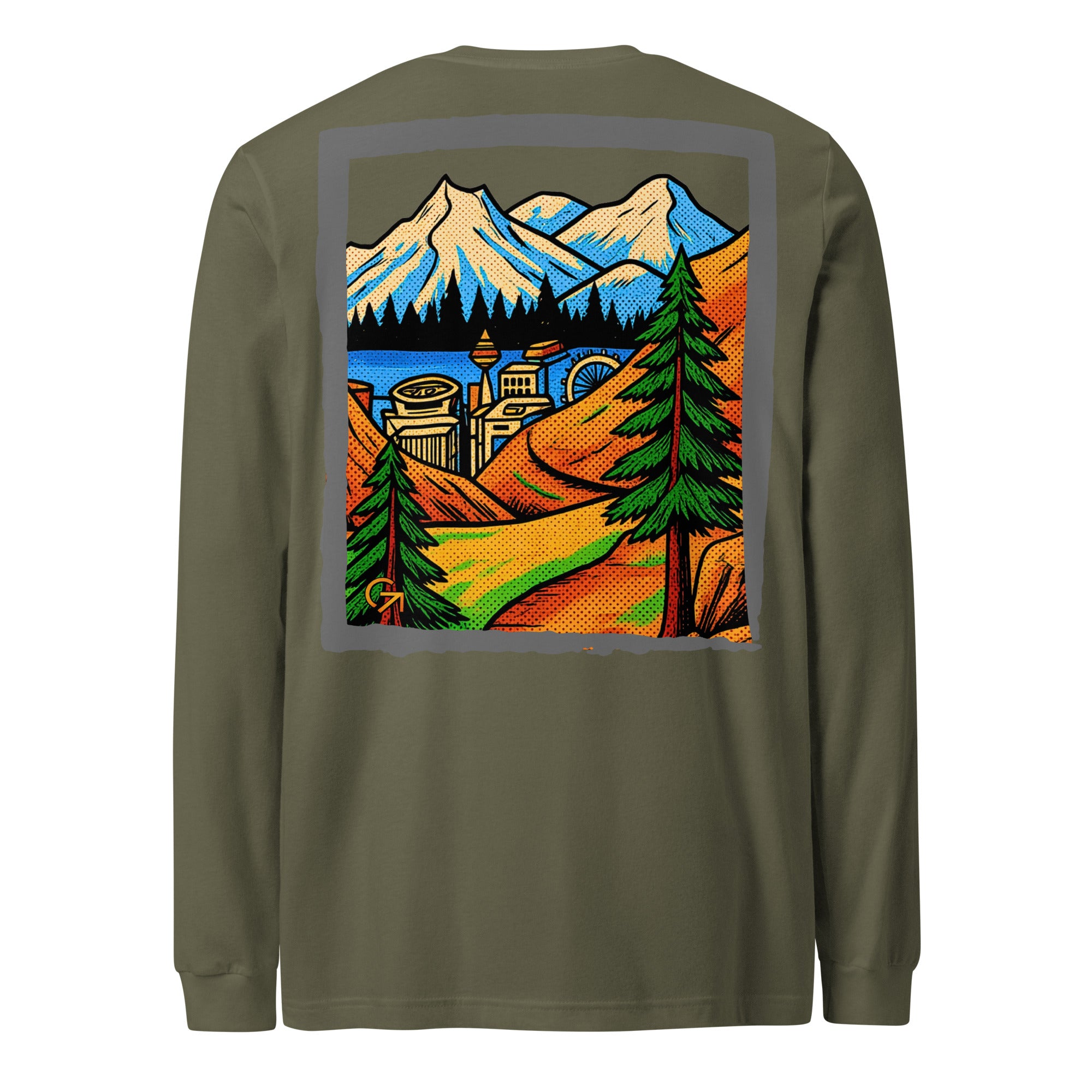 FOUNDATION Open Season Long Sleeve, Military Green, back view with mountain pass and skyline