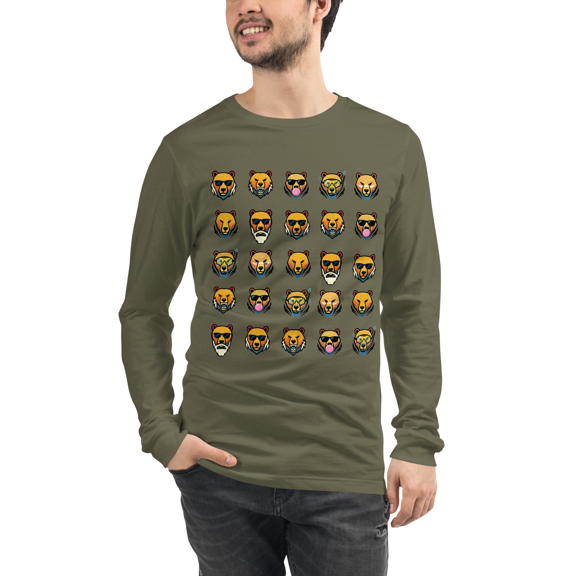FOUNDATION Open Season Long Sleeve, Military Green, front view with 5x5 Bear grid