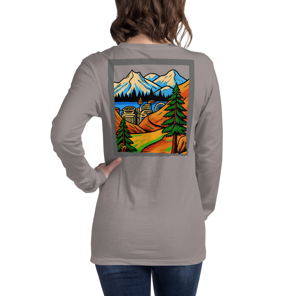 FOUNDATION Open Season Long Sleeve, Storm, back view with mountain pass and skyline