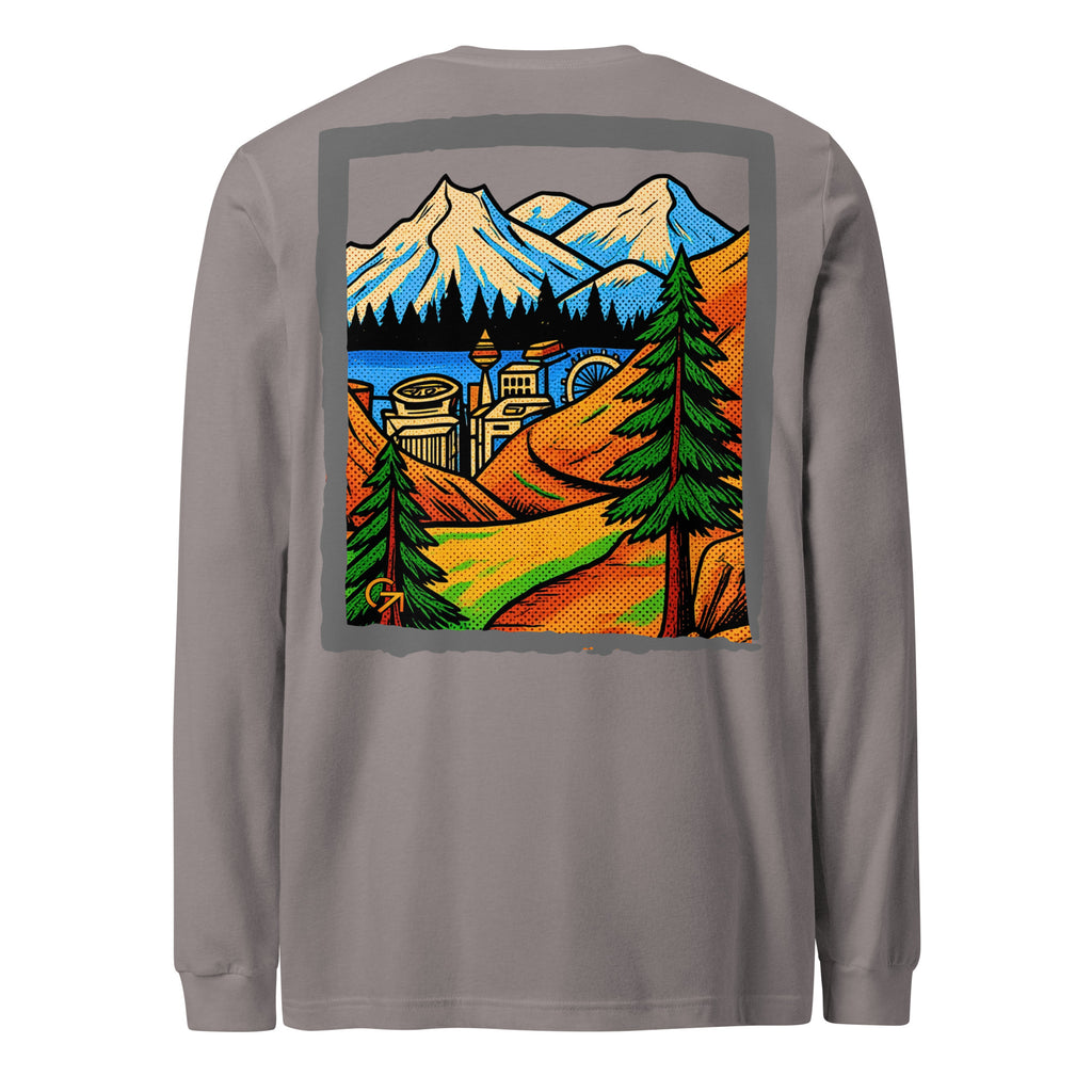 FOUNDATION Open Season Long Sleeve, Storm, back view with mountain pass and skyline