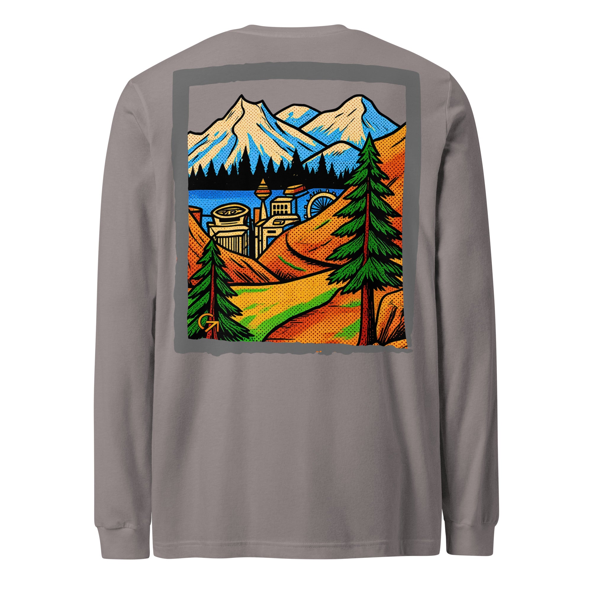 FOUNDATION Open Season Long Sleeve, Storm, back view with mountain pass and skyline
