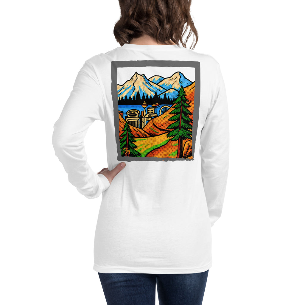 FOUNDATION Open Season Long Sleeve, White, back view with mountain pass and skyline