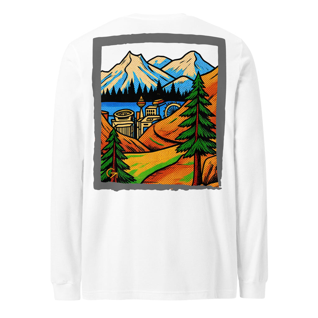FOUNDATION Open Season Long Sleeve, White, back view with mountain pass and skyline