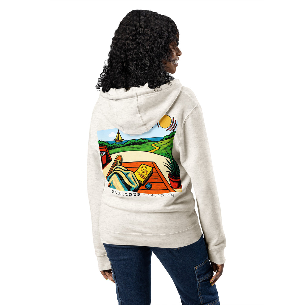 FOUNDATION Open Season Zip-Up, Oatmeal Heather, back view with illustrated afternoon scene