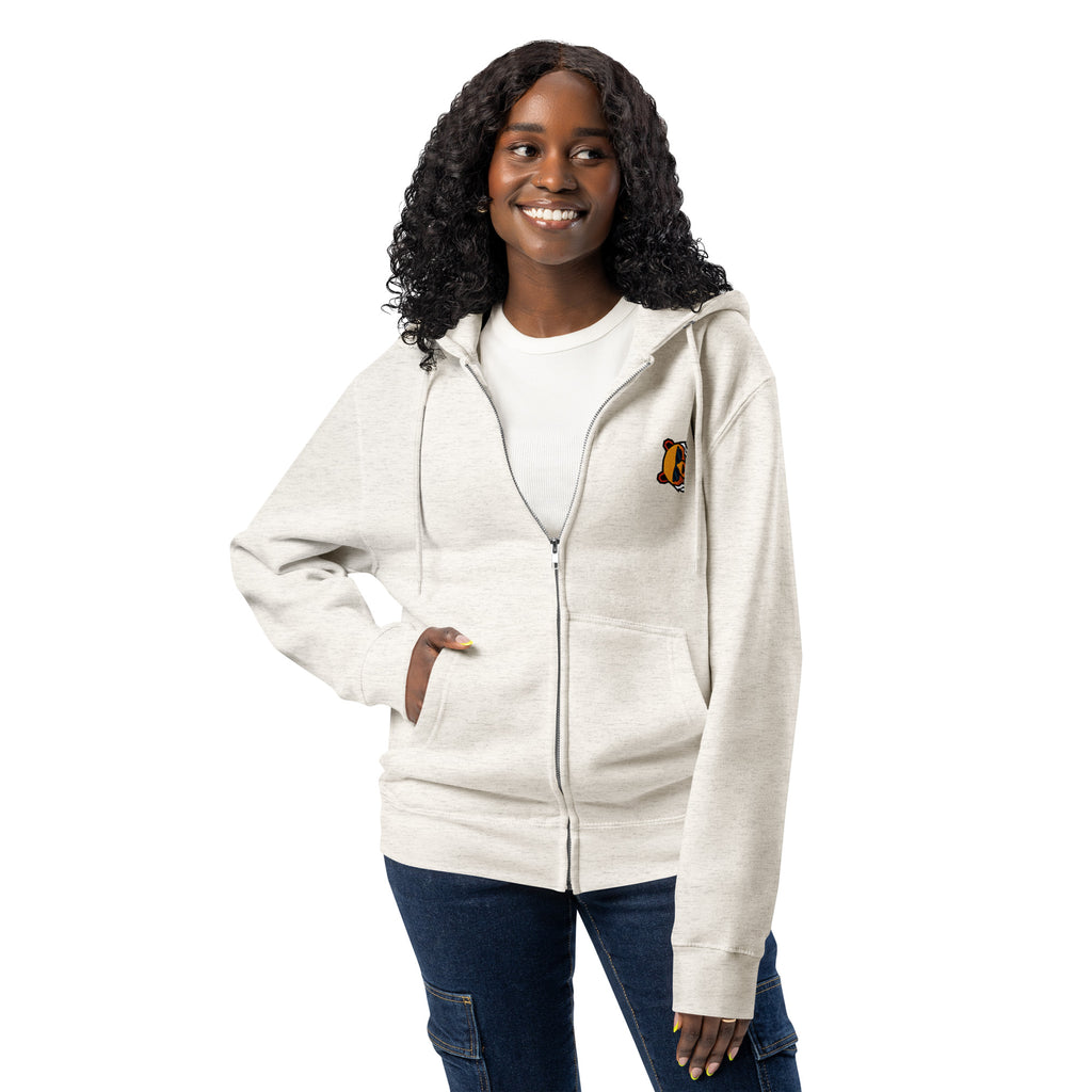 FOUNDATION Open Season Zip-Up, Oatmeal Heather, front view with sunglasses Bear detail