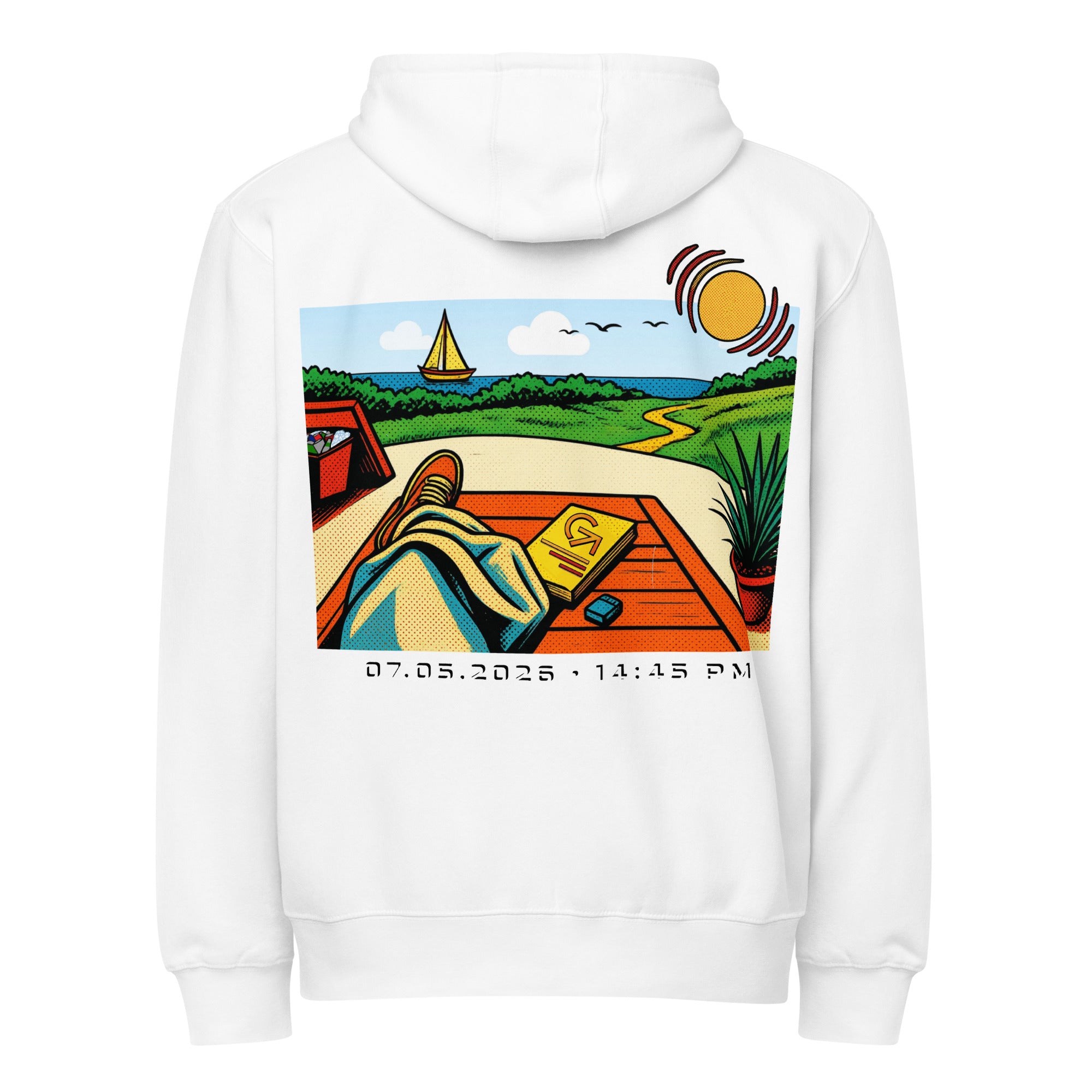FOUNDATION Open Season Zip-Up, White, back view with illustrated afternoon scene