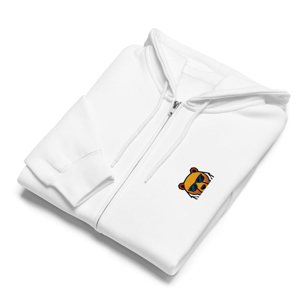 FOUNDATION Open Season Zip-Up, White, front view with sunglasses Bear detail