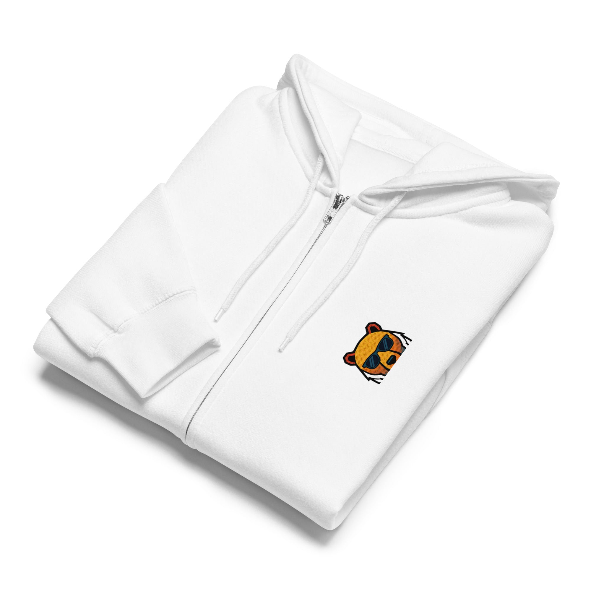 FOUNDATION Open Season Zip-Up, White, front view with sunglasses Bear detail