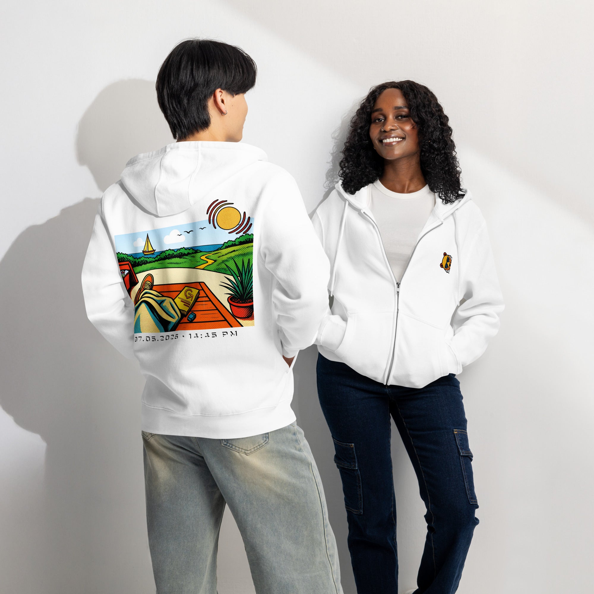 FOUNDATION Open Season Zip-Up, White, front and back view