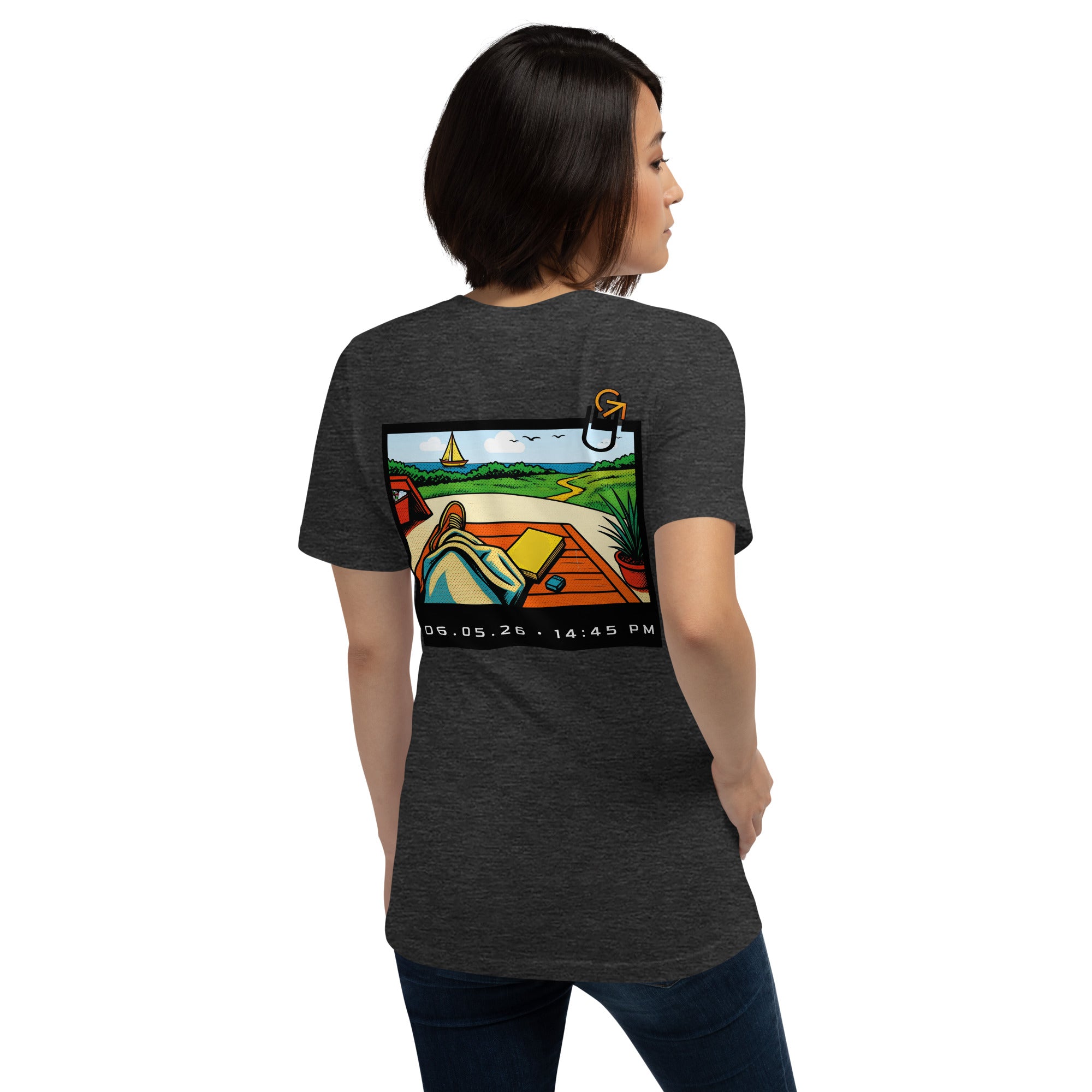 FOUNDATION Open Season T-Shirt, Dark Grey Heather, back view with Polaroid beach scene