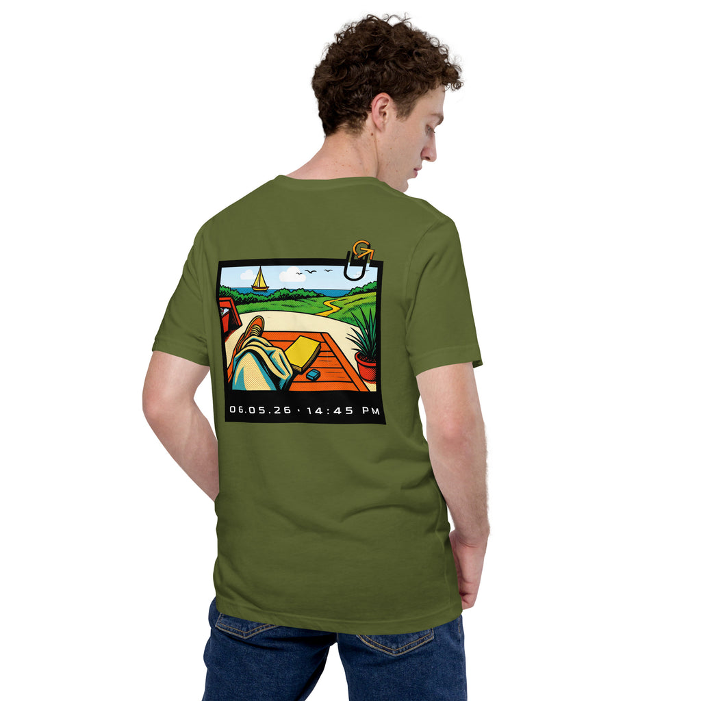 FOUNDATION Open Season T-Shirt, Olive, back view with Polaroid beach scene