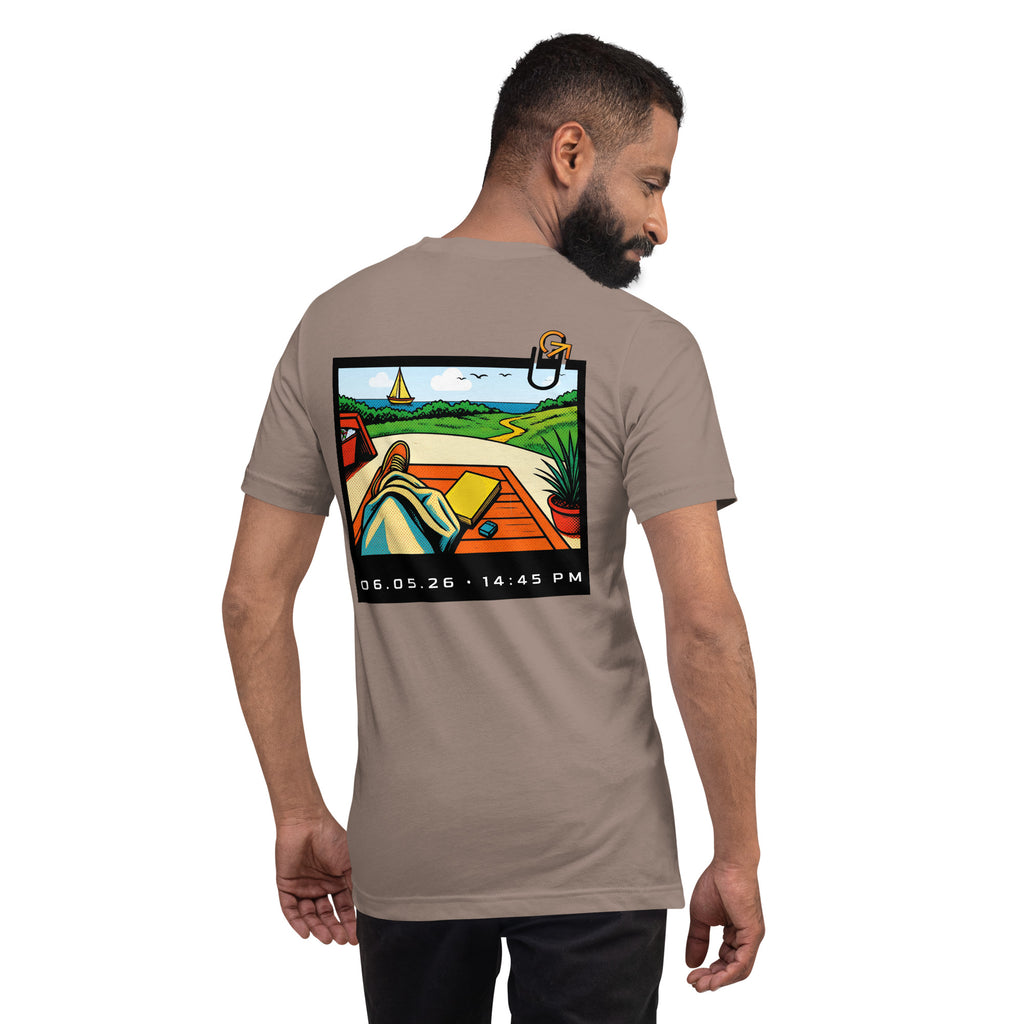 FOUNDATION Open Season T-Shirt, Pebble, back view with Polaroid beach scene