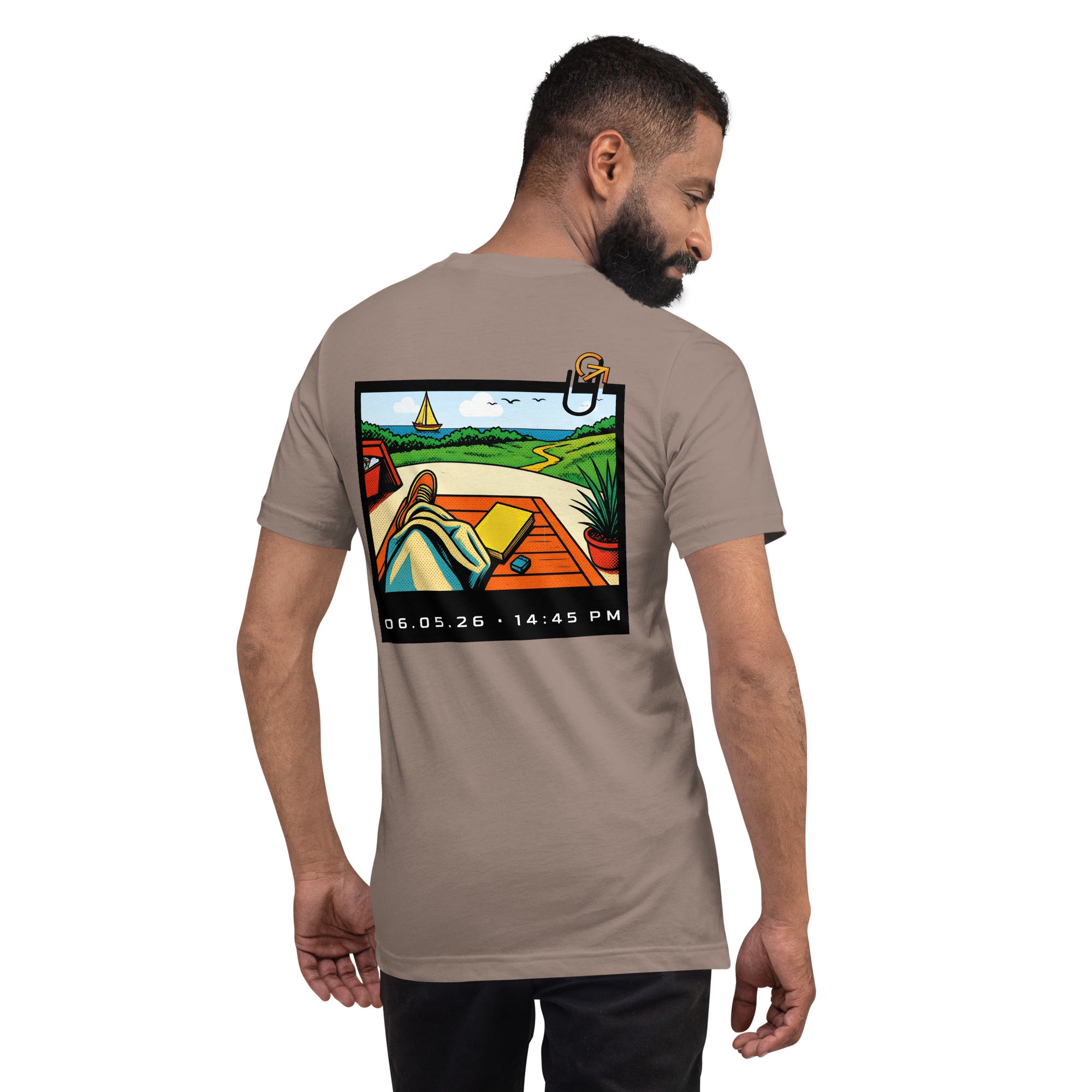 FOUNDATION Open Season T-Shirt, Pebble, back view with Polaroid beach scene