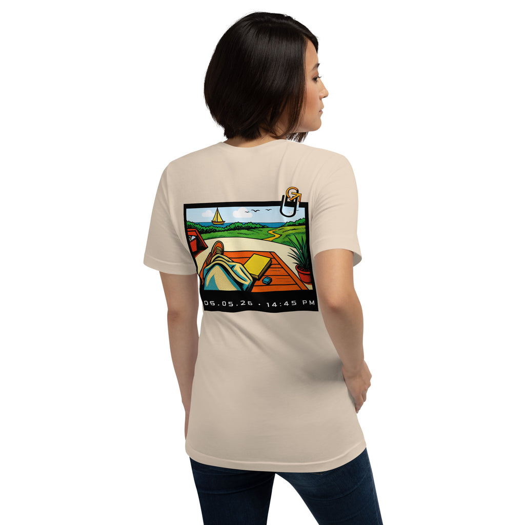 FOUNDATION Open Season T-Shirt, Soft Cream, back view with Polaroid beach scene