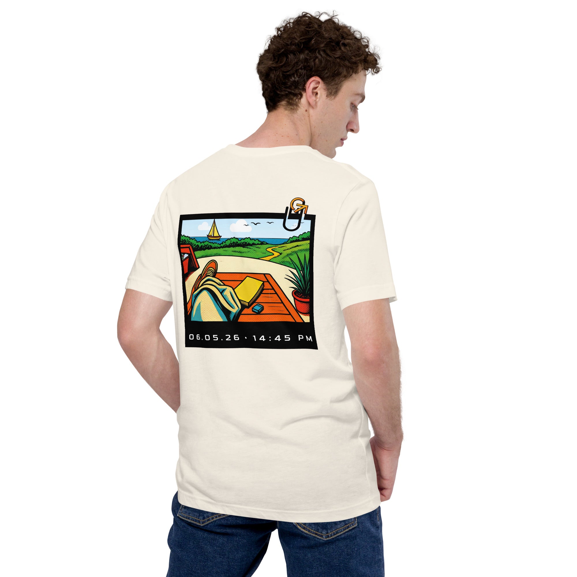 FOUNDATION Open Season T-Shirt, Vintage White, back view with Polaroid beach scene