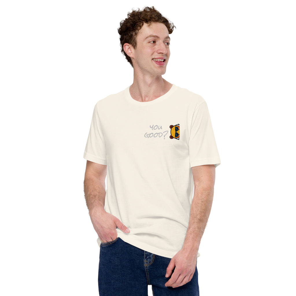 FOUNDATION Open Season T-Shirt, Vintage White, front view with sunglasses Bear detail