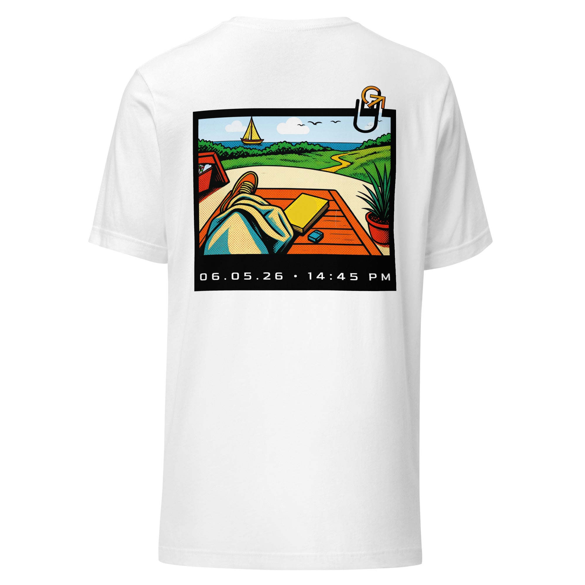 FOUNDATION Open Season T-Shirt, White, back view with Polaroid beach scene